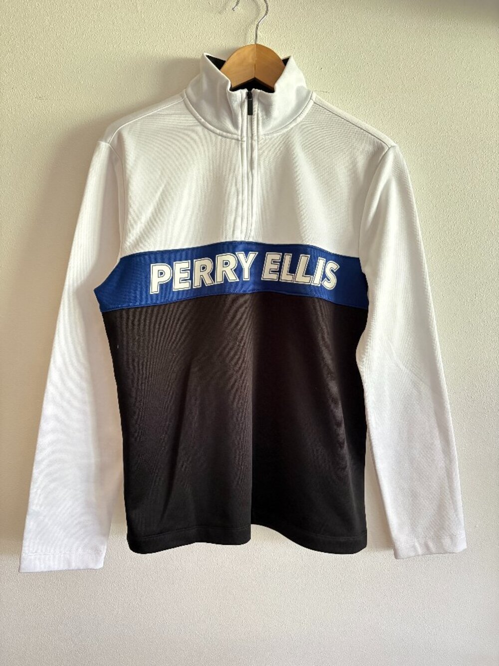 Perry Ellis Retro White Blue & Black spellout Logo 1/4 Zip Pullover